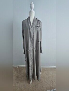 Abaya Long Embroidered Duster Jacket in Light Gray